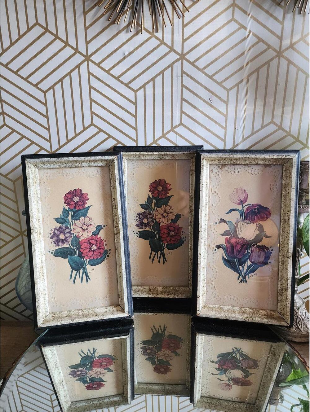 Vintage Framed Lace Matte Luthy Floral Prints 5x9 Set of 3